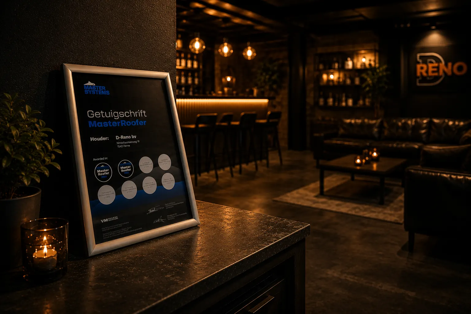 D-RENO Master Roofer certificaat in de lounge - erkend vakmanschap