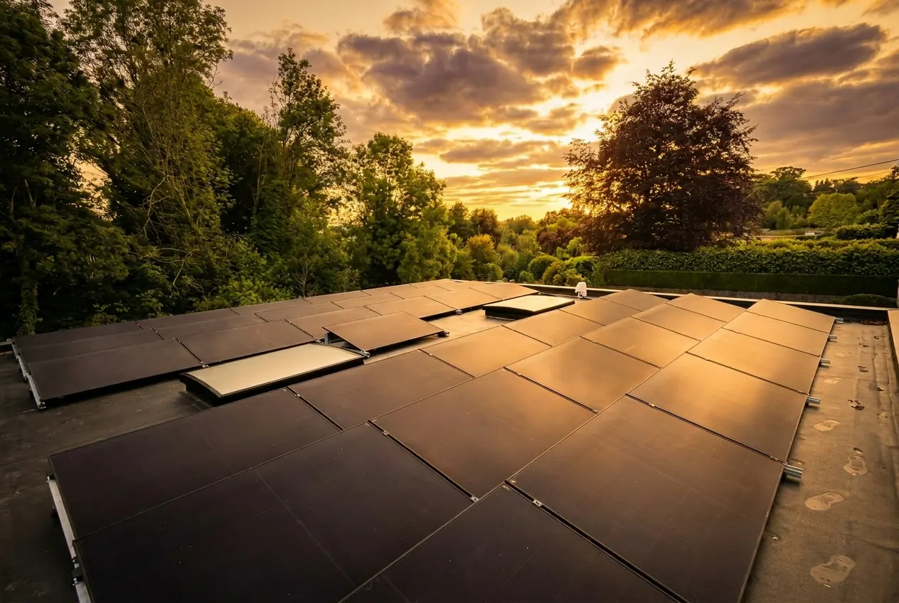 Het D-RENO bedrijfsgebouw met volledig dak aan zonnepanelen tijdens golden hour