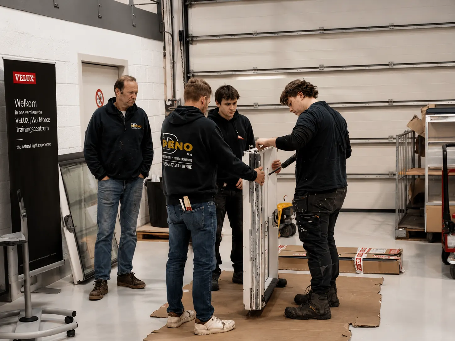 D-RENO vakmensen tijdens een praktijkmoment in de VELUX opleiding