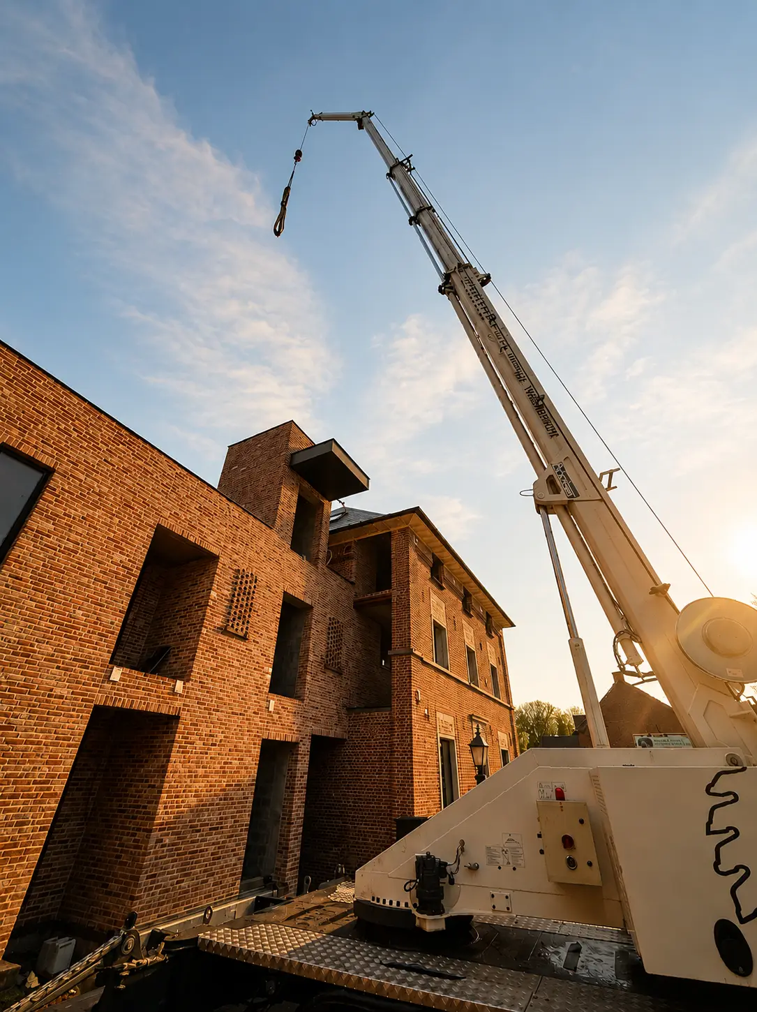 Kraanwerk bij avondlicht tijdens de uitvoering, De Castel, Pajottegem (Herne)