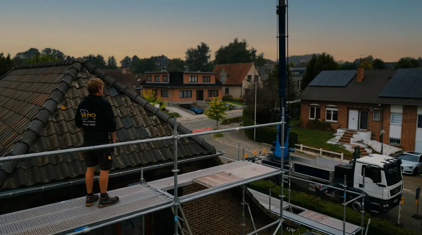 D-RENO roofer placing tiles with a crane on site